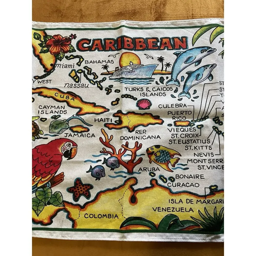Caribbean Map Souvenir Tea Towel 100% Cotton Tropical Islands Parrot Dolphins